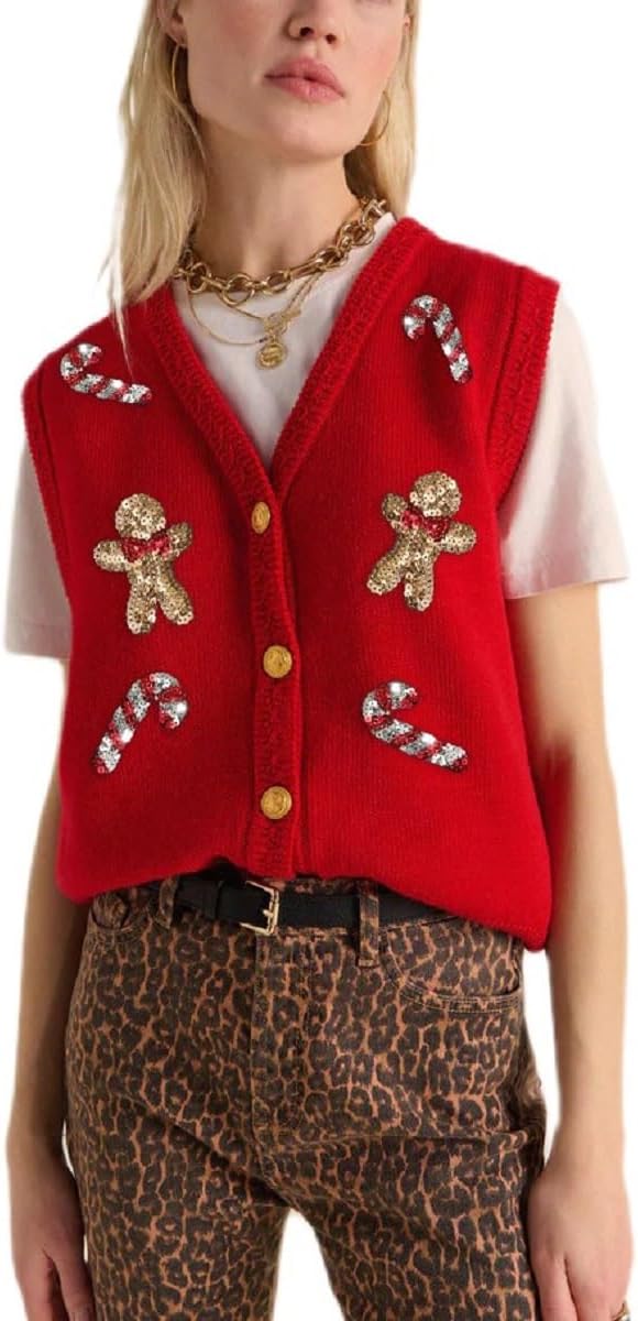 Women Christmas Sweater Vests Santa Claus Print Sleeveless Knit Cardigan Vest Christmas Holiday Tank Top