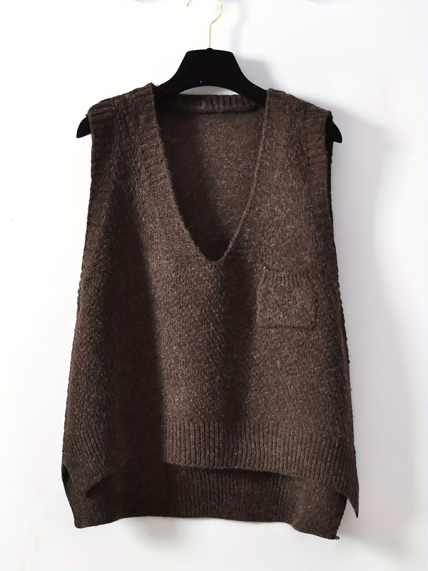 Solid V-neck Sweater Vest, Casual Sweater Vest For Fall & Winter, Women's Clothing