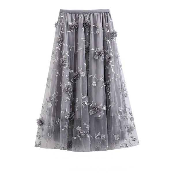 Ani Kang |fashion Temperament Skirt Flower Embroidery Gauze High Waist Long Skirts Spring Summer All Match Casual Loose Women Clothes 2024