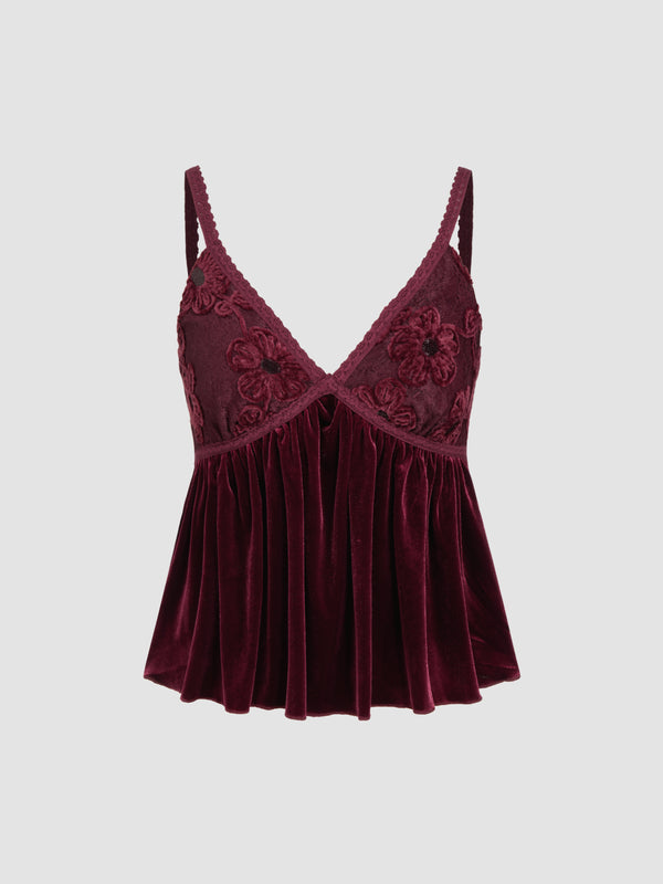 Velvet V-neck Floral Lace Trim Ruffle Cami Top