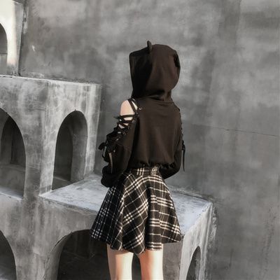 Black And White Grid Girl Dark Skirt High Waist