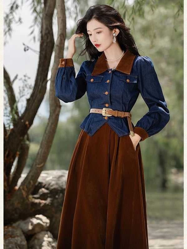 High Quality Fall Winter Two Pieces Set Women's Lapel Single-breasted Belt Slim Denim Jacket Top High Waist A Line Skirt Suit