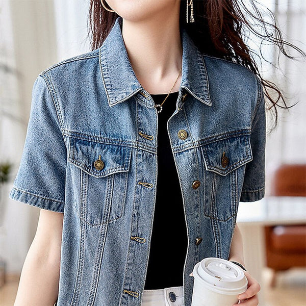 Fashion All-match Short Sleeve Jacket Female Korean Turndown Collar Buttons Jean Coat Denim Jackets For Women Summer Denim