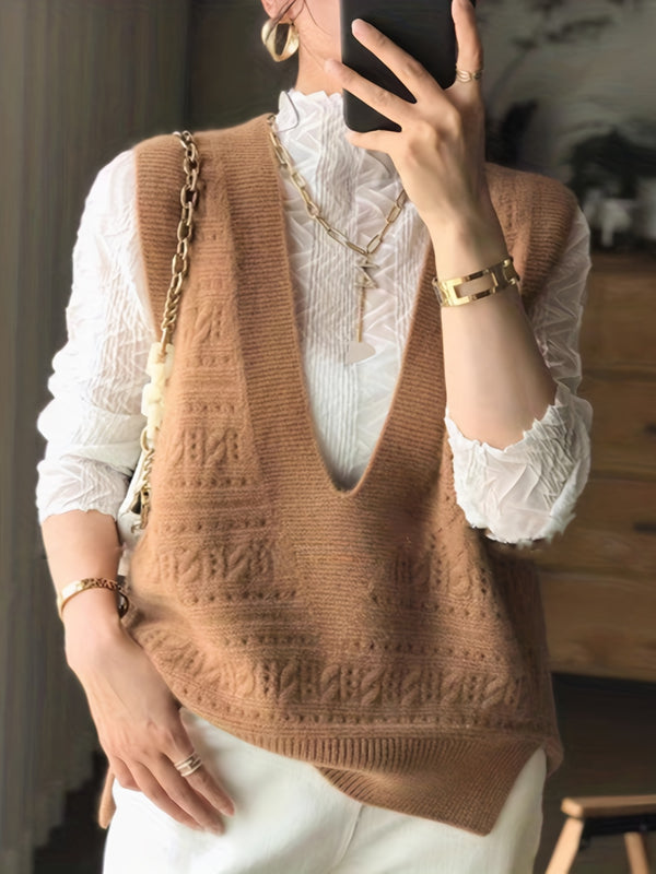 Plunging Sweater Vest, Vintage Solid Sleeveless Eyelet Vest, Women's Clothing