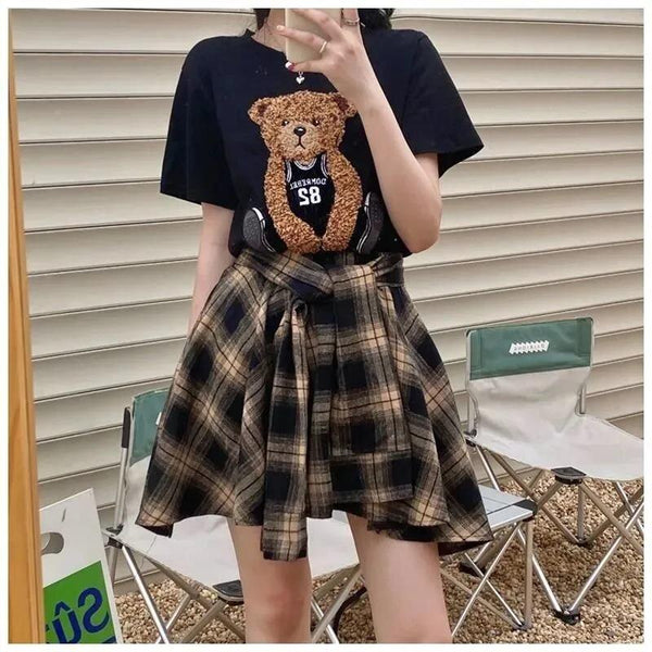 Ani Kang |vintage Plaid Mini Skirt Women Korean Fashion Streetwear High Waist A-line Irregular Summer Girl Casual Short Skirt